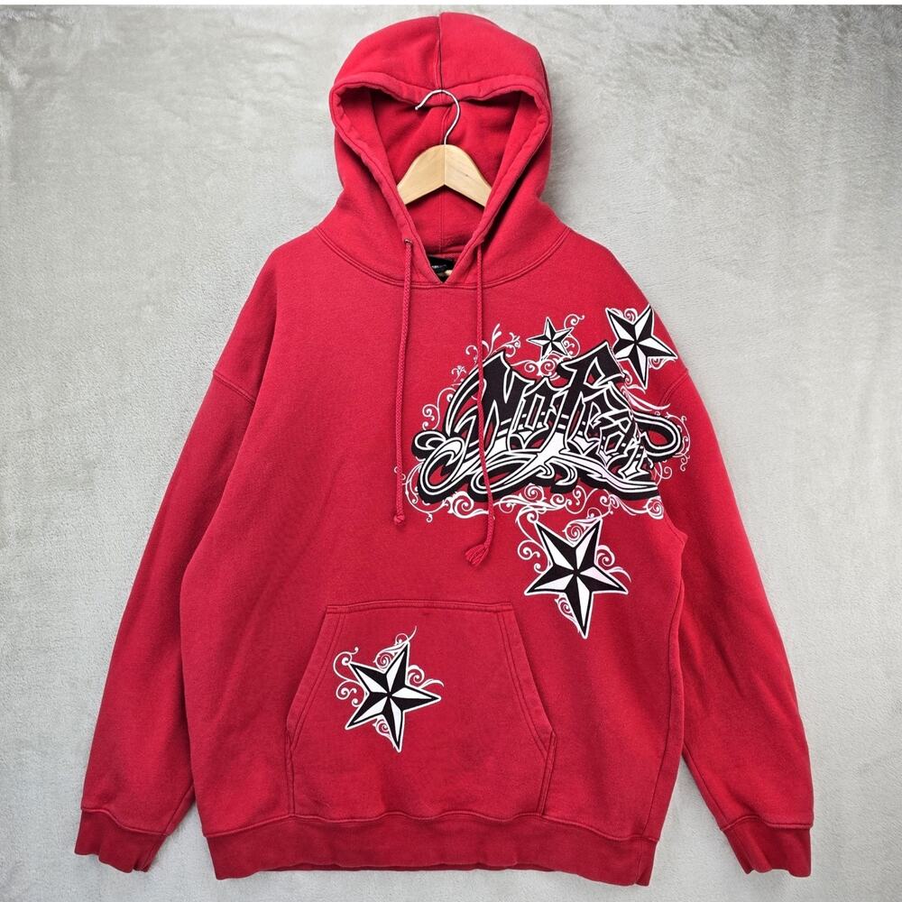 Vintage No Fear Hoodie Mens 2XL Red Sweatshirt Stars Skater Motocross BMX Y2K